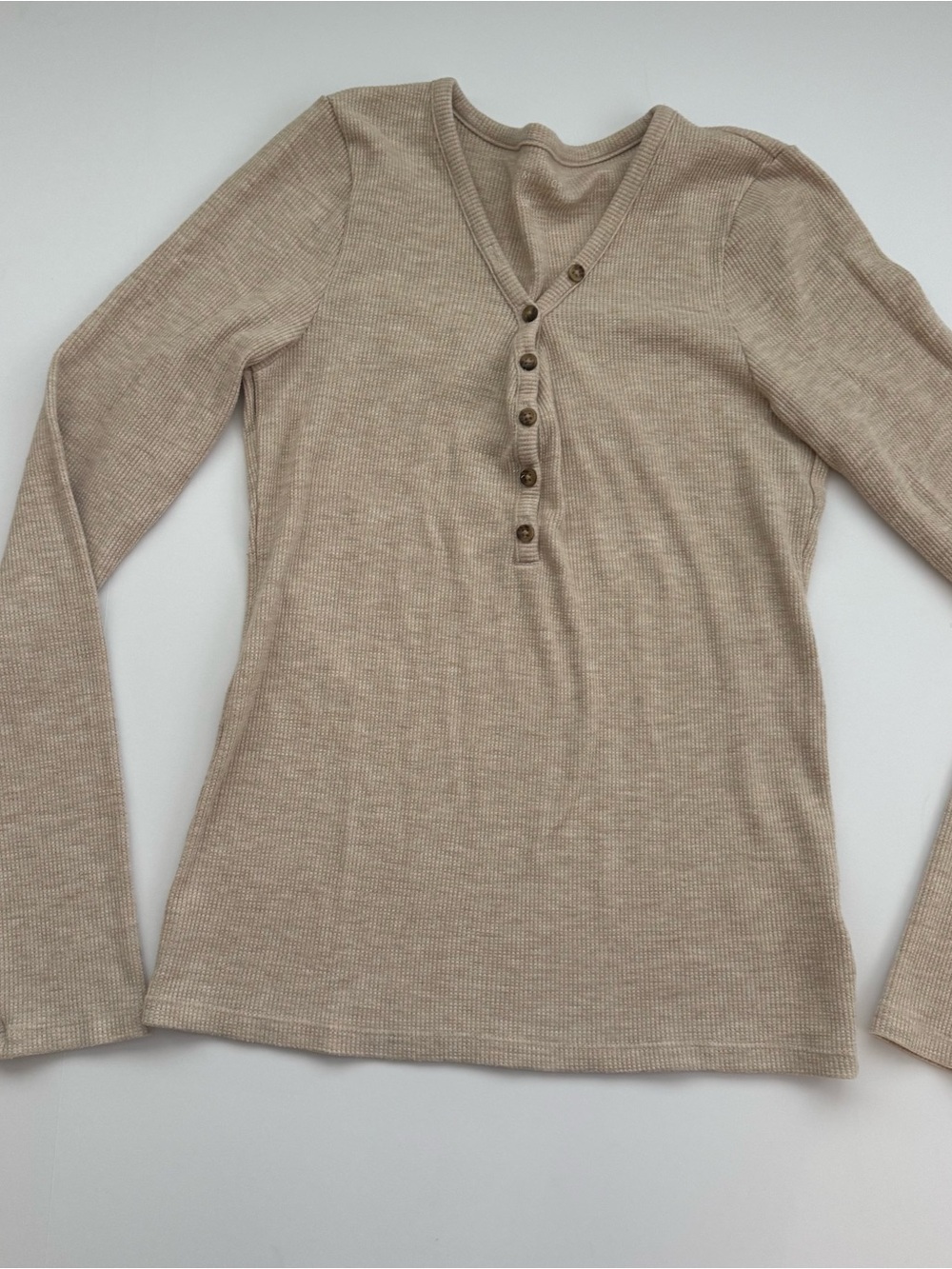 American Eagle Women's Waffle Knit Henley V-Neck Long Sleeve Top Beige Size M